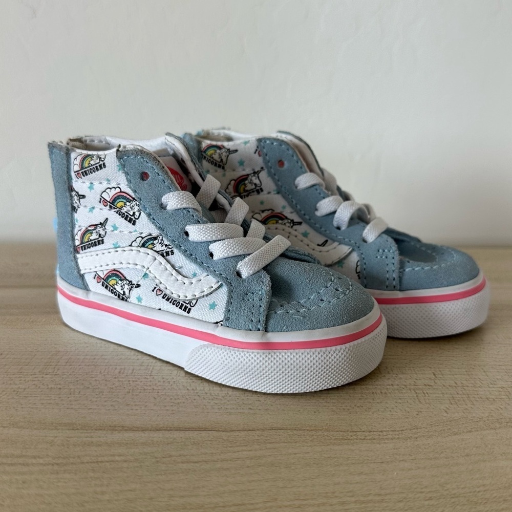 Vans Sk-8 Hi Zip I Love Unicorns Toddler Girl Blue Suede Hi Top Shoes Size 4